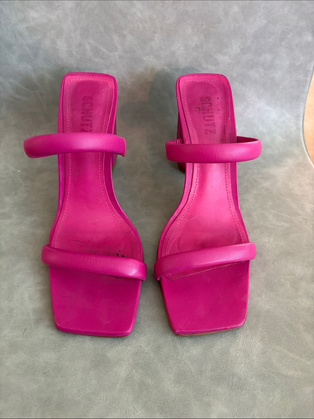 SCHUTZ Hot Pink Double-Strap Square-Toe Heeled Sandals